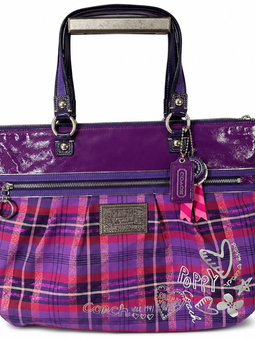 Coach Purple Plaid Tote with Patent Trim and Graphic Accents